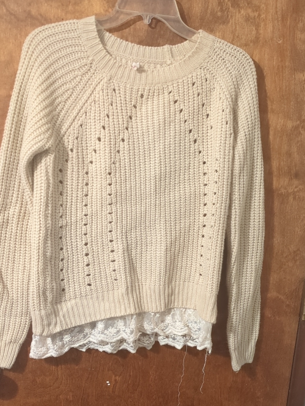 POL Cream Crewneck Sweater with Lace Trim